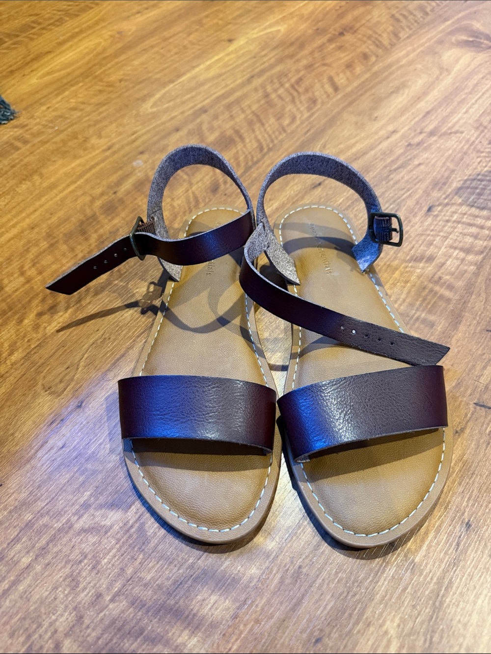 Brown Leather-Look Ankle Strap Sandals